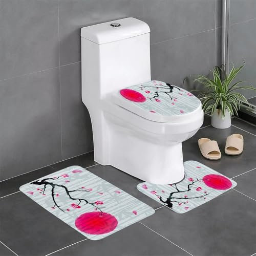 EYLOZS Alfombra de baño de 3 Piezas,Alfombra de Ducha Alfombra de baño de Secado rápido,Alfombra de Contorno en Forma de U,Fondo de Flor de Cerezo de Japón con bambú