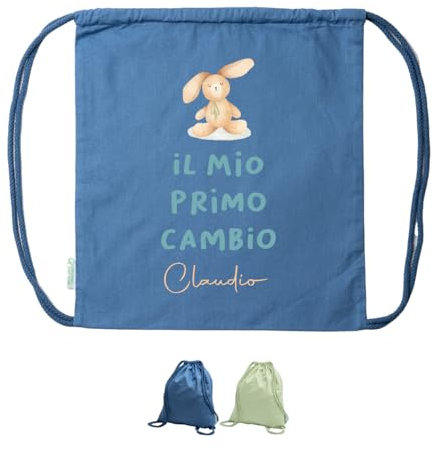 Il mio primo cambio Zaino A Sacca In Cotone Organico Personalizzato con Nome e Coniglietto Sacchetto Porta Corredino Bebè Neonato Idea Regalo Natale Compleanno Nuova Nascita Bimba Bimbo in Arrivo