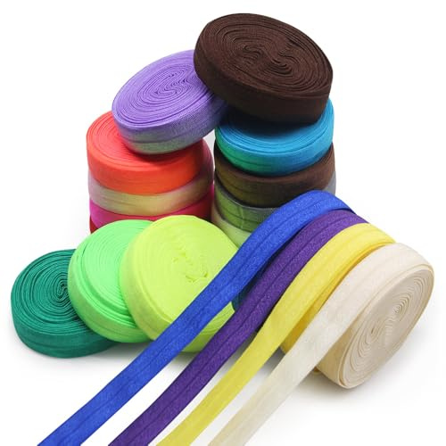 Jamsinmu Schrägband Elastisches Band Stretch Foldover Feindelastikband für Manschetten Hosen Shorts 32 Yard Shiny Color 15mm, SJ008-MIX-1632