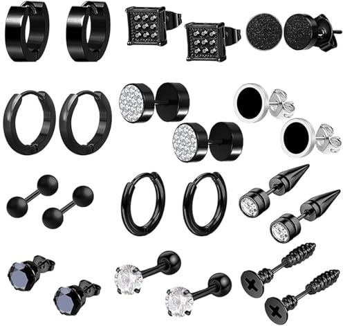 VELESAY 12 Pares Pendientes Hombres Negro Aros Pendientes Acero Inoxidable 316L Hipoalergénico Pendiente Punk Set para Hombres Mujeres