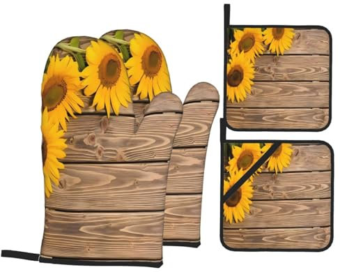 Set di 4 guanti da forno e presine con tre girasoli su legno, per la massima sicurezza e praticità in cucina