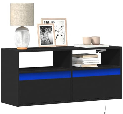 Gecheer Meuble TV mural avec lumières LED noires 100 x 31 x 45 cm, meuble de salon moderne, meuble TV moderne, meuble suspendu pour salon SN-1
