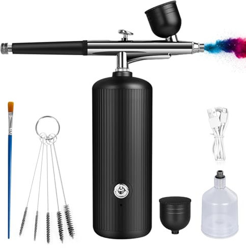 Airbrush-Kit mit Kompressor - Wiederaufladbares, Tragbares, Verstopfungsfreies Hochdruck-Airbrush-Set mit Düse und Reinigungsbürsten-Set für Nail Art, Makeup, Friseur, Tortendekoration (Schwarz)