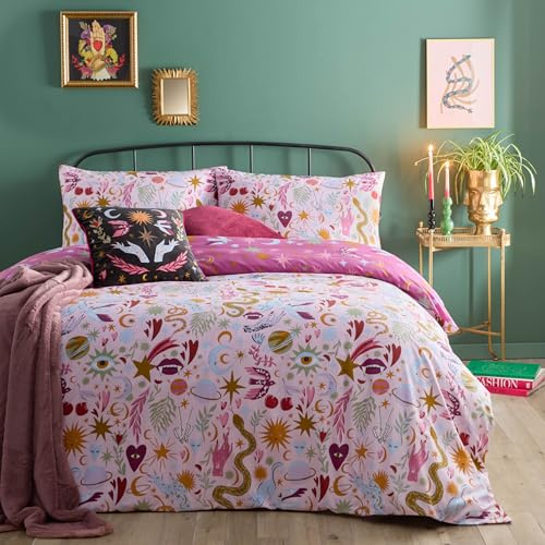 furn. Enchanted Set Copripiumino (Rosa - Super King) | Reversibile Mistico Celestiale Policotone Biancheria Da Letto Facile Da Curare