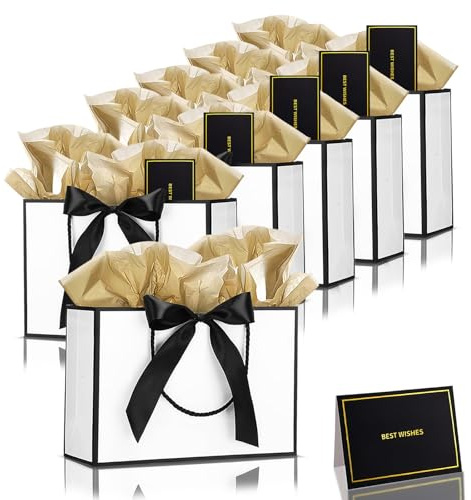 Geschenktüten mit Schleife,6 Stück Geschenktüten Papier Weiß Schwarz mit Griffen,6 Schleifenbändern 6 Grußkarten 12 Seidenpapier,Verpackung Geschenke für Geburtstag,Hochzeit,Party,Bogenpapier