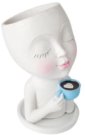 Pzuryhg Vaso a testa di vaso, vasi da fiori per caffè, fioriera da interno con occhi chiusi, materiale resina, foro di drenaggio e vassoi per piante, decorazione da scrivania, 10,4 x 13 x 19,5