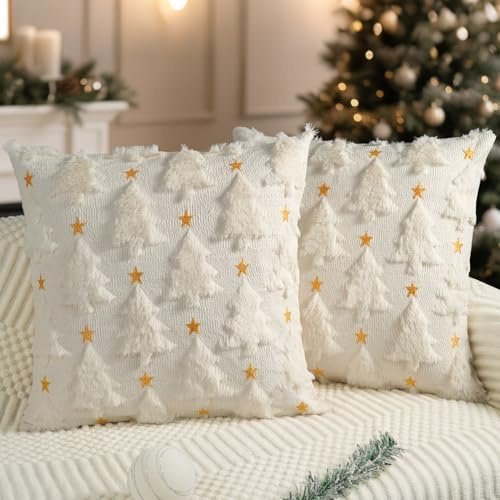 Miaikoe Weihnachten Kissenbezüge 55x55 cm 2er Set Creme Weiß Weihnachtsbaum Stern Kissenbezüge Weich Plüsch Kunstfell für Feiertag Winter Home Couch Sofa Dekorationen