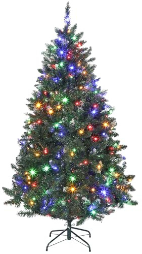 HOMCOM Árbol de Navidad 180 cm, Árbol Navideño de Abeto con Luces LED, 9 Modos de Iluminación, 802 Ramas con Nieve Artificial, Soporte Metálico, Fácil de Montar, Verde