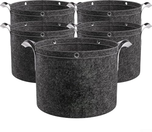 Bolsas de cultivo de plantas, paquete de 5 macetas gruesas de tela no tejida con asas y anillos multiusos para verduras, frutas, flores, interior y exterior (3 galones)