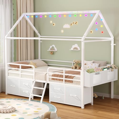 ADORNEVE Twin Size Bed Frame with 6 Drawers,White Metal House Kids Bed | Twin Bed Frame for Girls,Safety Guardrail,Inclined Ladder,No Box Spring Needed
