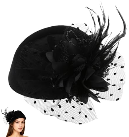 Fascinator Hut Damen,Schwarz Schleier Huts,Hochzeitshut 20er Jahre Accessoires,Elegant Fascinators Hüte,Blume Federkleid Kopfschmuck,Vintage Geburtstagshut,Haarschmuck für Frauen Tea Party,Halloween