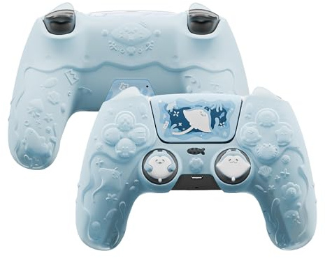 PlayVital for PS5 Controller Cover Skin - Cute Ocean Whisper Series Semi-Clear Silicone Case for PS5 Controller with Thumb Grip & Sticker, Charging Station Compatible, Full Protection - Mint Blue