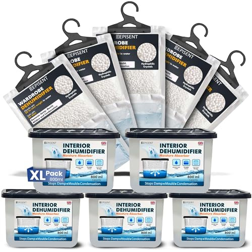 EPISENT Disposable Dehumidifier Moisture Absorber Hanging Bags 10 Pack | 5 hanging bags and 5 x 800ml tubs reduce damp and condensation in bedrooms, bathrooms, wardrobes, cupboards and homes