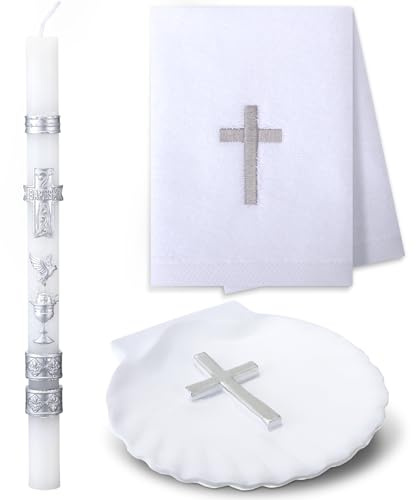 Lyrow 3 Pcs Baptism Candle Set for Boys and Girls Baptism Kit Include Baptismal Candle, Towel, Shell for Kids Christenings Favor(Chalice Dove Candles,Silver)
