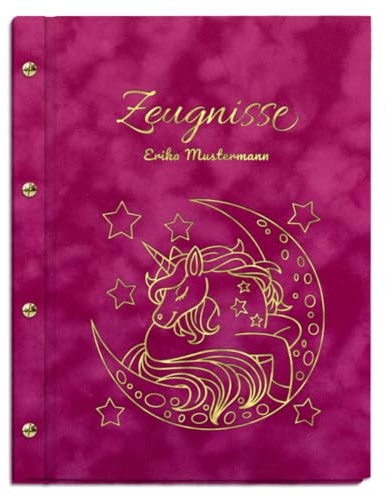 Personalisierbare Zeugnismappe in pinker Samtoptik mit eigenem Namen und Motiv - inkl. 12 Sichthüllen - Goldener Aufdruck mit individuellem Motiv selbst gestalten
