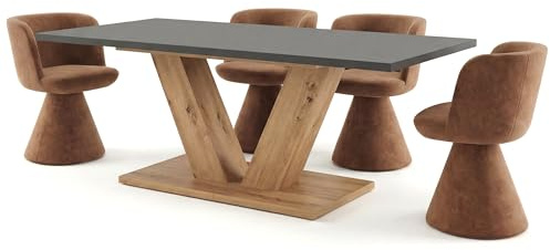 Newroom Esstisch ausziehbar Platte Anthrazit Gestell Wildeiche modern | V-Gestell zweifarbig, Säulentisch, Küchentisch, Speisetisch, für 4-6 Personen, Holzoptik, Esszimmer und Küche