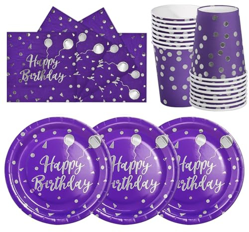 Lila Silberpunkte Geburtstag Partygeschirr Set für 24 Gäste, Happy Birthday Partyteller Party Geschirr Set, Einweggeschirr Teller Becher Servietten Pappteller, Kinder Männer Frauen Geburtstag Deko
