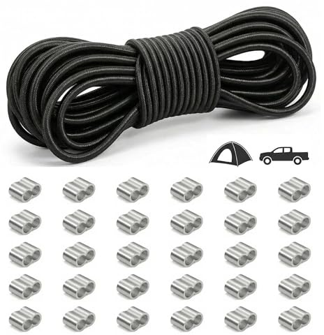 Gummiseil 6mm, 15m Gummikordel, Schwarz Expanderseil mit 30 Würgeklemmen, Gummiband Expanderseil Planenseil für Anhängerplane Camping