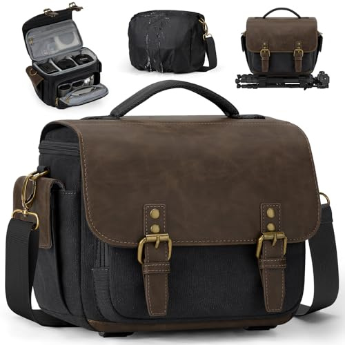 RAINSMORE Bolsa Camara Fotográfica, Bolsa Cámara Reflex DSLR/SLR, Camera Bag Vintage de Lona con Funda Impermeable Antilluvia y Soporte para Trípode, Ideal para Viajes y Excursiones