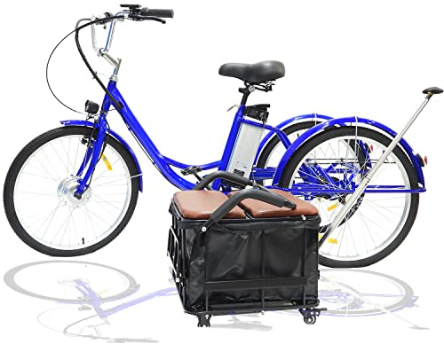 HVEMSHXH Elektrisches Dreirad für Erwachsene 24-Zoll-Reifen 3-Rad-Elektrodreirad mit 350W Motor Heckkorb 36V 13Ah Lithium Akku Damendreirad maximale Traglast 150 kg (Blue)