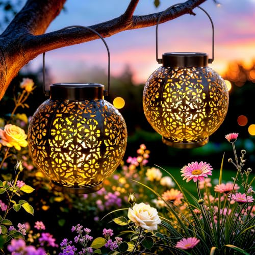 Solarlampen für Außen Garten, Solarlampen für Außen Hängend, LED Hohles Vintage Orientalische, IP65 Wetterfest, für Draußen Wetterfest, für Balkon, Terrasse, Veranda, Warmes Weiß, Weihnachten, 2 Stück