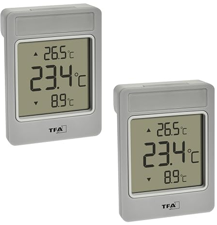 TFA Dostmann Set med 2 fönstertermometer WINDOO, 30,1067.15, digital mätning av utomhustemperatur, enkel installation, väderbeständig, högsta och lägsta värden, med självhäftande film, utan borrning