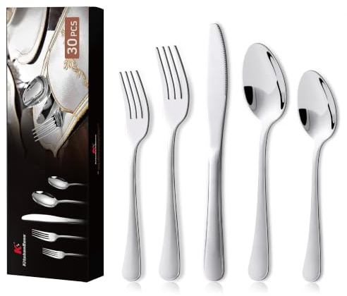 KitchenBoss 30-delat rostfritt stål bestickset för 6 personer, spegelblankt, rostskyddat maskindiskbart, hem picknick grill