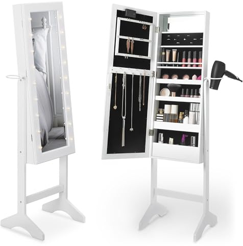 Beautify Mirror Jewellery Cabinet - Free Standing Mirror with Storage - Full Length Tilting Armoire for Bedroom - Jewellery Storage for Earrings, Rings & Necklaces with LED Lights & Hair Dryer Ring