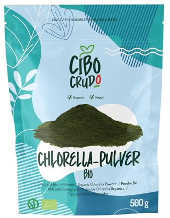 Chlorella in Polvere Bio - 500g. Alga Chlorella Vulgaris. Da Alghe in Polvere con Clorofilla Proteine e Vitamina B12 e C. Alga Clorella per Vegetariani e Vegani. Contiene Anche Zinco e Antiossidanti.
