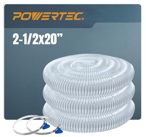 POWERTEC 2-1/2 x 20' Dust Collection Hose with 2pcs Stainless Steel Key Hose Clamps for Table Saw, Band Saw, Router Table, Belt Sander, Woodworking and Wood Shop Dust Collection System (70243)