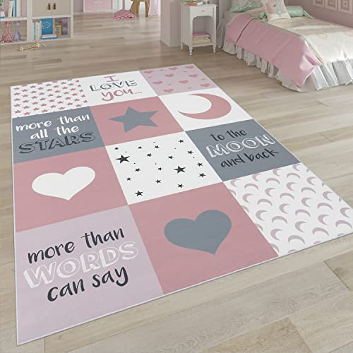 Paco Home Kinderteppich, Kinderzimmer Teppich m. Stern, Mond u. Karo Motiven, Grösse:160x230 cm, Farbe:Pink