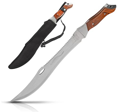 KOSxBO® große Machete mit Säge - Buschmesser - USA Crocodile Dundee Messser - 44,7cm lang - Survival - Freizeitmesser - Outdoor - Jagd - Macheten, braun Silber