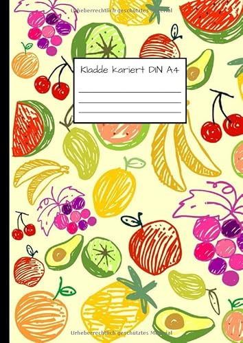 Kladde Kariert DIN A4: Notizbuch DIN A4 - Kladde kariert 5 mm - 110 Seiten - Notizheft, Tagebuch, Schreibbuch - gelber Hintergrund und Fruchtmuster