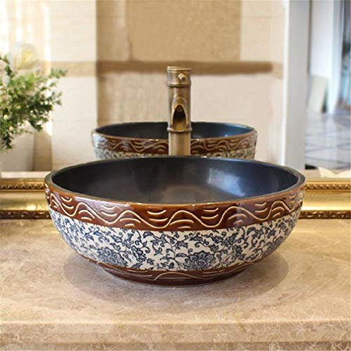 Style Chinois Vasque à Poser Rétro Peinte à La Main Céramique Lavabo Facile Rond Évier Hôtel Salle De Bains Cuisine Décoration D'intérieur
