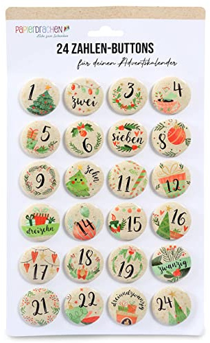 Papierdrachen Adventskalender 2025 - Zahlen-Buttons - Anstecknadeln (24 St.) 35 mm - im Watercolor-Design - zum Dekorieren von Stoffbeuteln & Tüten