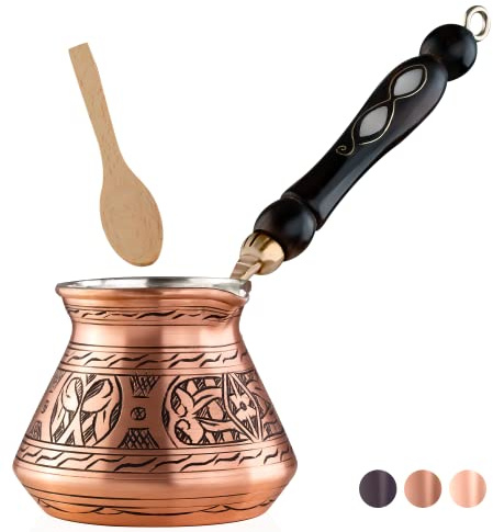 BCS 12 Oz Copper Turkish Greek Arabic Coffee Pot with Wooden Handle (4 servings) Cezve Ibrik Briki Stovetop Coffee Maker (Includes Wooden Spoon)