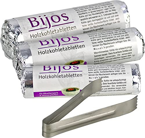 Bijos - Juego de pastillas de carbón vegetal con pinzas y 10 unidades (1 rollo) de 33, 40 y 50 mm, carbón ahumado premium de madera de bambú, encendido rápido