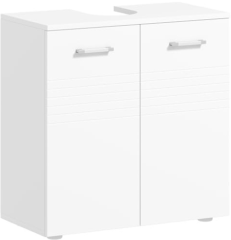 kleankin Mueble para Debajo del Lavabo Armario de Baño de Pared con 2 Puertas y Estante Interior Ajustable Estilo Moderno 60x30x62,5 cm Blanco