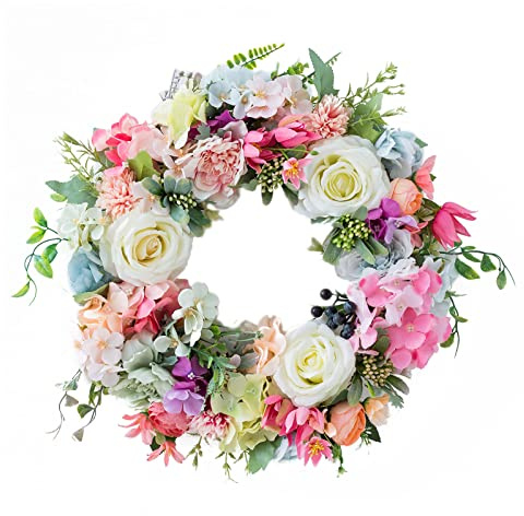 DEDEMCO Frühlingsrose, Hortensien-Blumenkranz, Girlande, 40 cm, Vintage-Stil, künstliche Seidenrosen, Blumenkranz mit grünen Blättern, Sommerkranz für Zuhause, Tür, Wanddekoration, Mehrfarbig