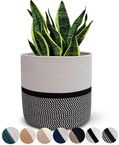 Oradrem Bomullsrep växtkorg modern vävd korg för 25 cm blomkruka golv inomhusplanterare, förvaring organiseringskorg filt leksaker rustik heminredning, beige 28 cm x 28 cm
