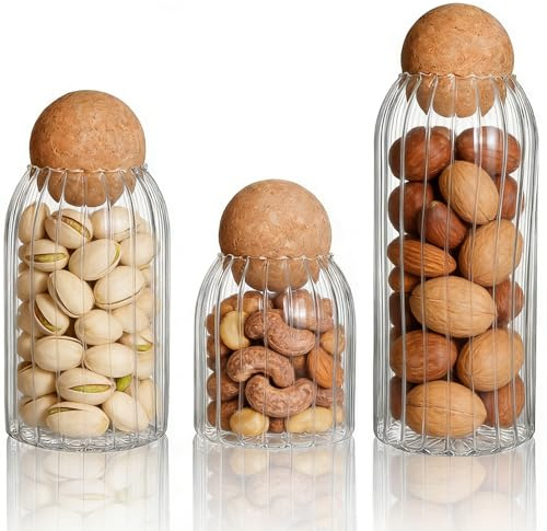 MEETOZ 3 Pack Glass Jar with Wood Lid Ball,Clear Stripe Candy Jar Mason Jars Food Storage Canister for Storage Container Jars for Coffee, Tea, Spice, Sugar, Salt, Set(450ml/700ml/1000ml)