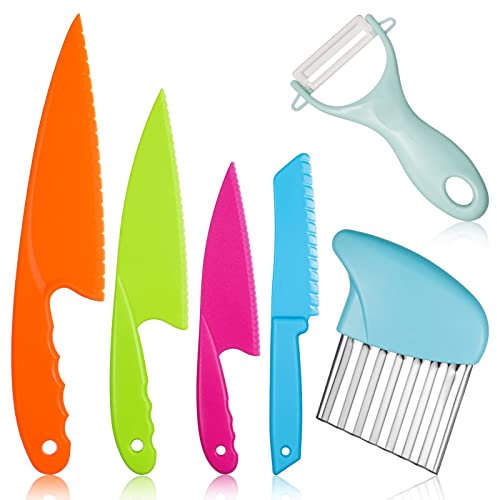 tonyg-p 6-teiliges Kinderküchenmesser Set, Kunststoff-Schneidebrett und Schälmesser, 4 Kochen Küchenmesser in 4 Größen für Blattsalat, Salat, Kuchen, Brot, Gemüse