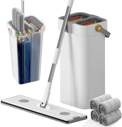 MOPALL Wischmopp und Eimer mit Auswringer-Set, großer Flacher Bodenwischer und Eimer, nass und trocken, multifunktionales Haushaltsreinigungswerkzeug für alle Bodenarten und Fenster