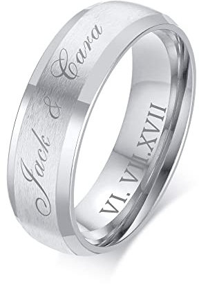 FLHEART Free Engrave Customise Name Ring Men's Stainless Steel Brushed Finish 6MM Silver Comfort Fit Wedding Band Ring,Personalized Ring Gift for him,Promise Ring Wedding band,Silver,Size R 1/2