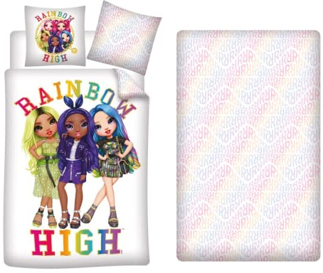 AYMAX - Juego de cama de 3 piezas Rainbow High, funda nórdica reversible de 140 x 200 cm + funda de almohada de 63 x 63 cm + sábana bajera a juego 90 x 190 cm