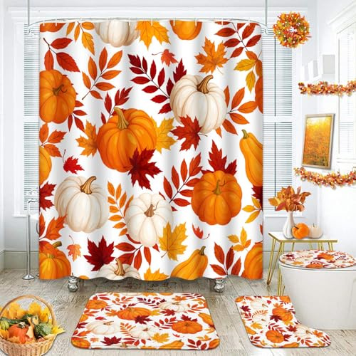 Herbst-Duschvorhang-Sets mit Teppichen, Herbst-Kürbis-Orange, Badezimmer-Set mit rutschfestem Teppich, WC-Deckelbezug, Badematte und 12 Haken, 183 x 183 cm, Badezimmer-Dekoration, 4 Stück