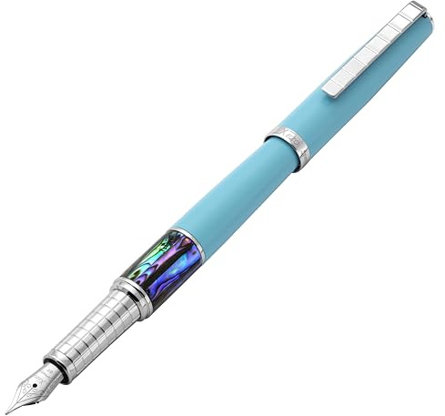 Xezo Speed Master Stylo plume, plume extra fine. Bleu ciel mat avec coquille de Pāua abalone. Plaqué chrome. Corps en laiton léger. Chaque pièce unique