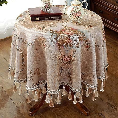 Reyox Tischdecke Jacquard Baumwolle Leinen Tischwäsche mit Quasten Eingefasst für Home Küche Dekoration Gold 140 x 220 cm Rechteckig