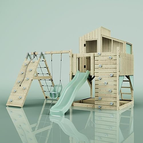 Rebo Outdoor Spielturm mit Wellenrutsche | Spielhaus aus Holz mit Kinderschaukel, Kletterwand, Kletternetz | Stabile Konstruktion, Weiches Gefühl in den Seilen