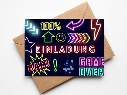 Neon Lasertag Einladungskarten - Lasertag Geburtstag - inkl. Umschläge 10 Stück (Neon, 10er Set Einladungskarten)